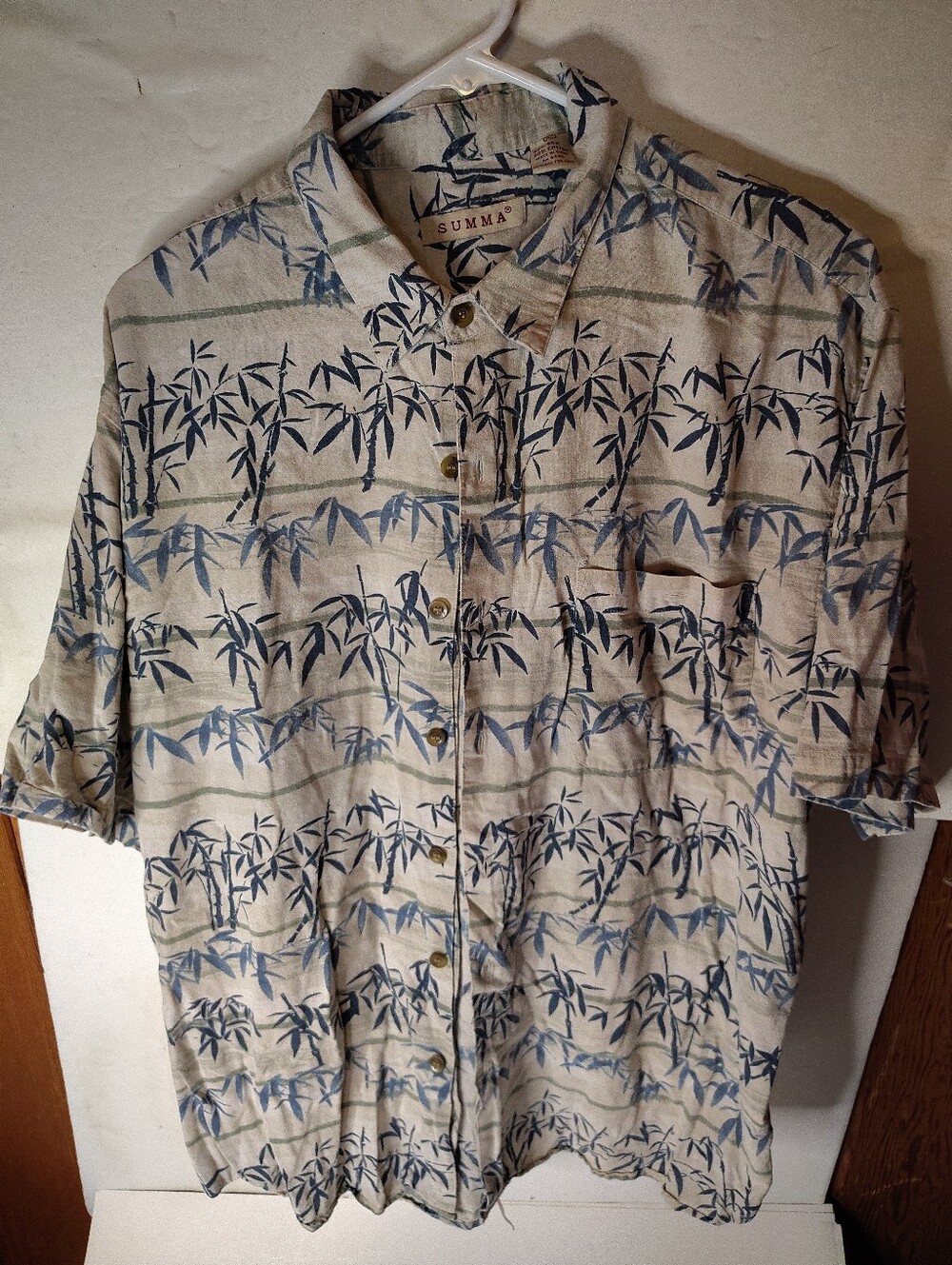 SUMMA Bamboo Print Short Sleeve Button-Up Shirt - Beige & Navy Size XL